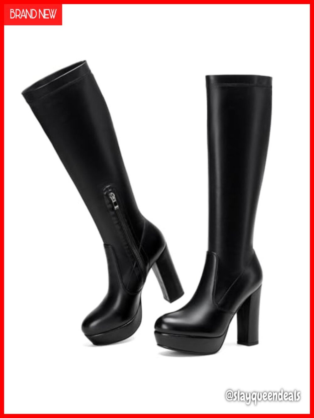 Women Knee High Stretch Boots Side Zip Block Heel Platform Synthetic